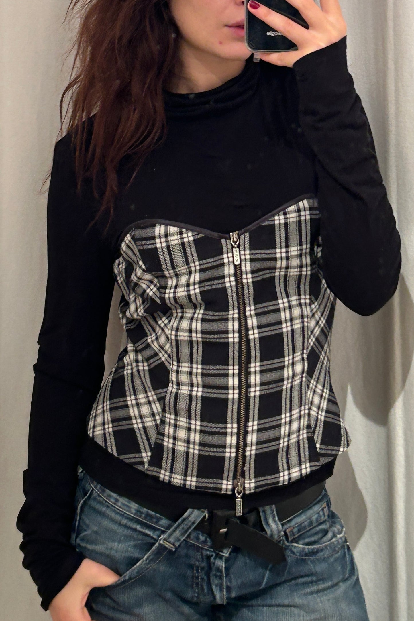 Y2K Black Long Sleeve Top with Bustier Detail – 2000s