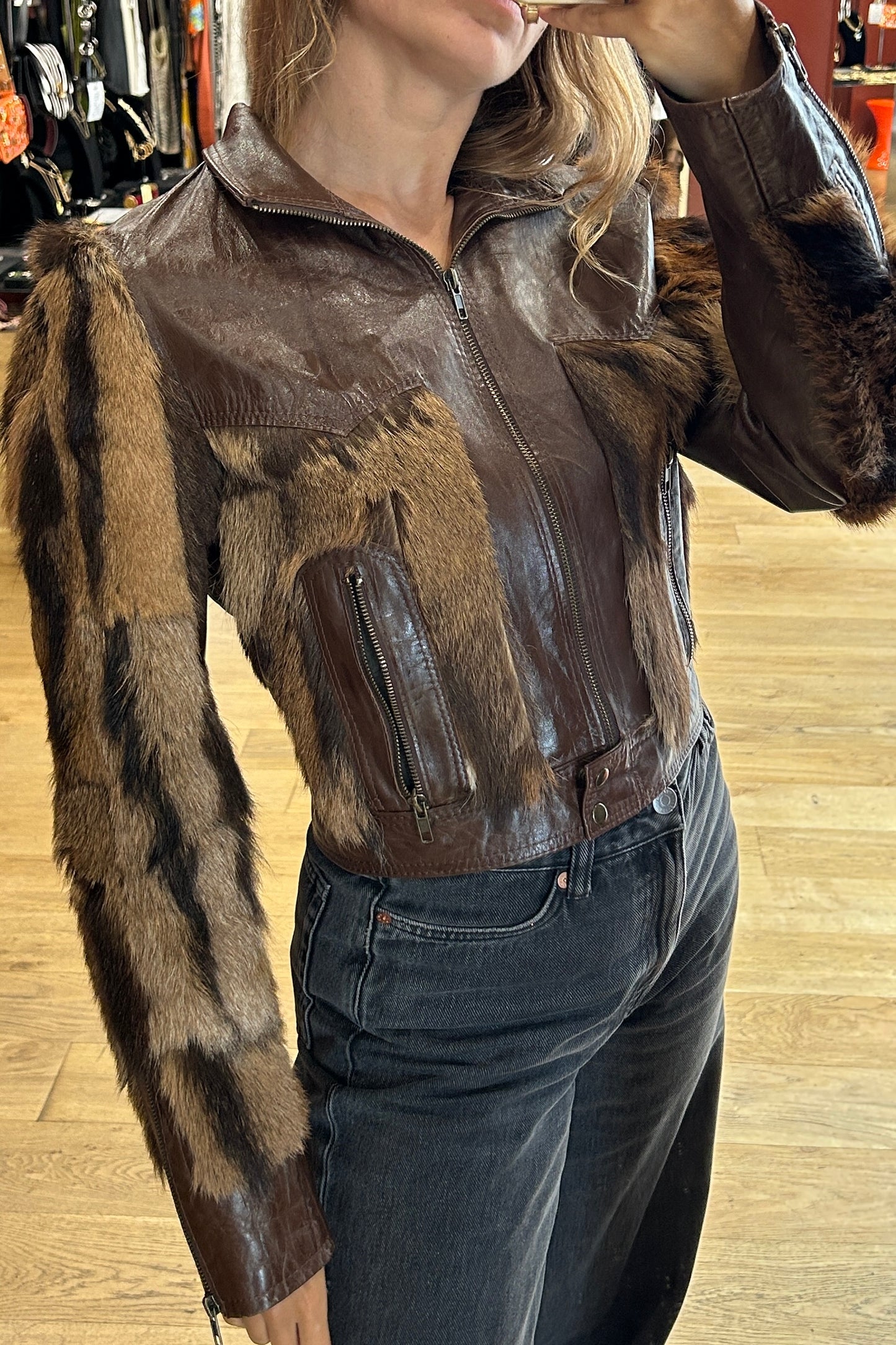 Vintage Leather Jacket with Real Fur