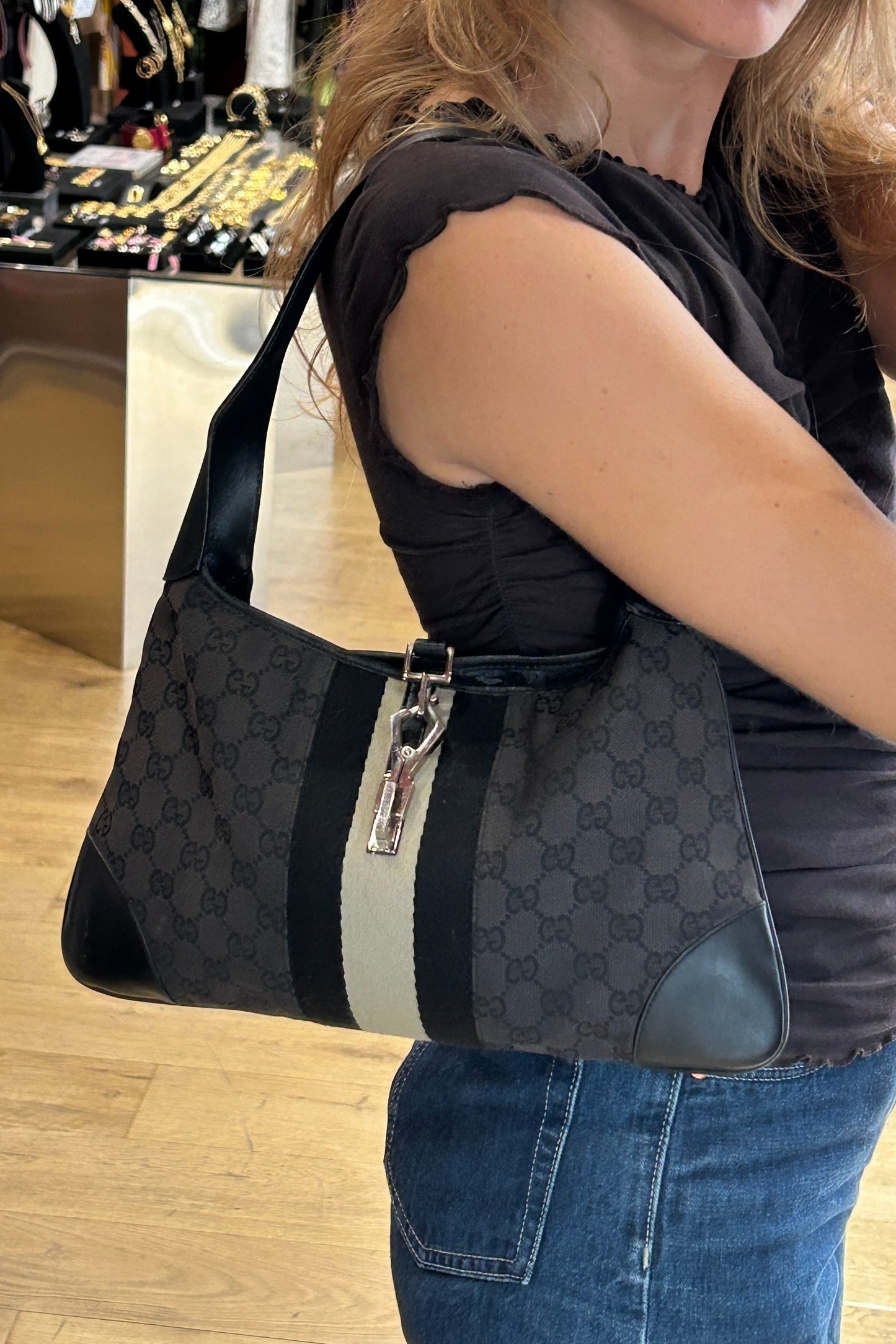 Gucci Jackie Medium Shoulder Bag – Black GG Canvas & Leather
