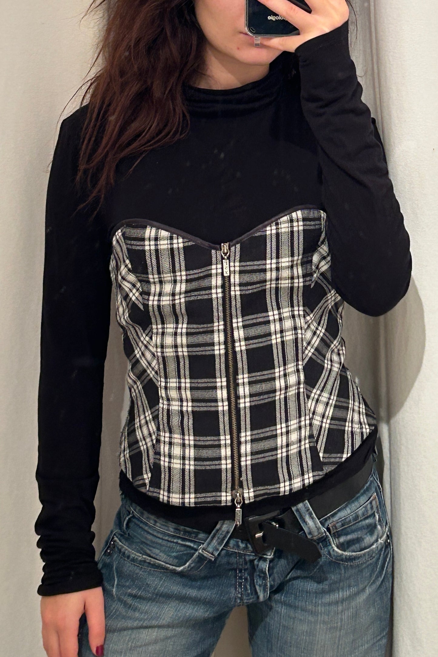 Y2K Black Long Sleeve Top with Bustier Detail – 2000s