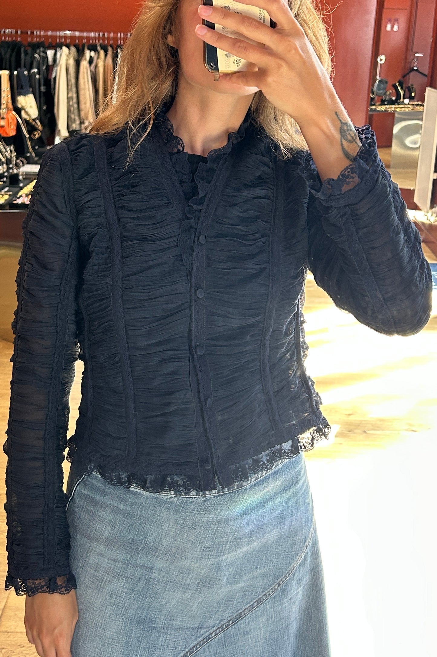 Renato Nucci Black Sheer Ruched Blouse-Cardigan