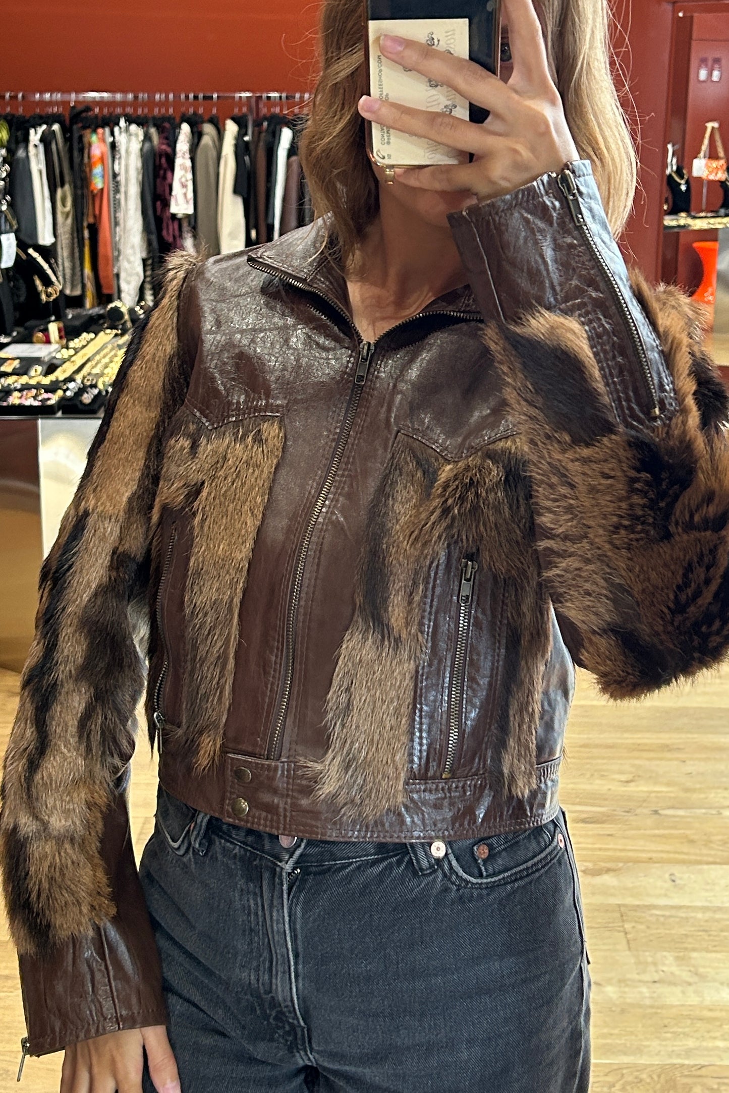 Vintage Leather Jacket with Real Fur