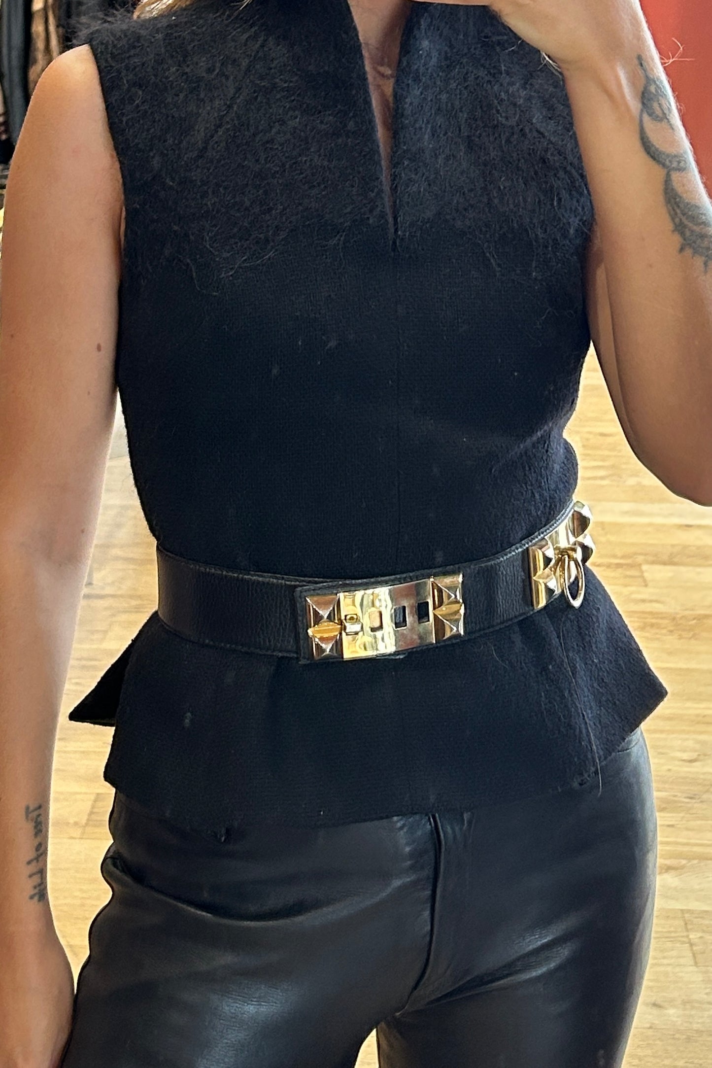 1980s Black Leather Belt with Gold-Tone Buckle - Hermès Style