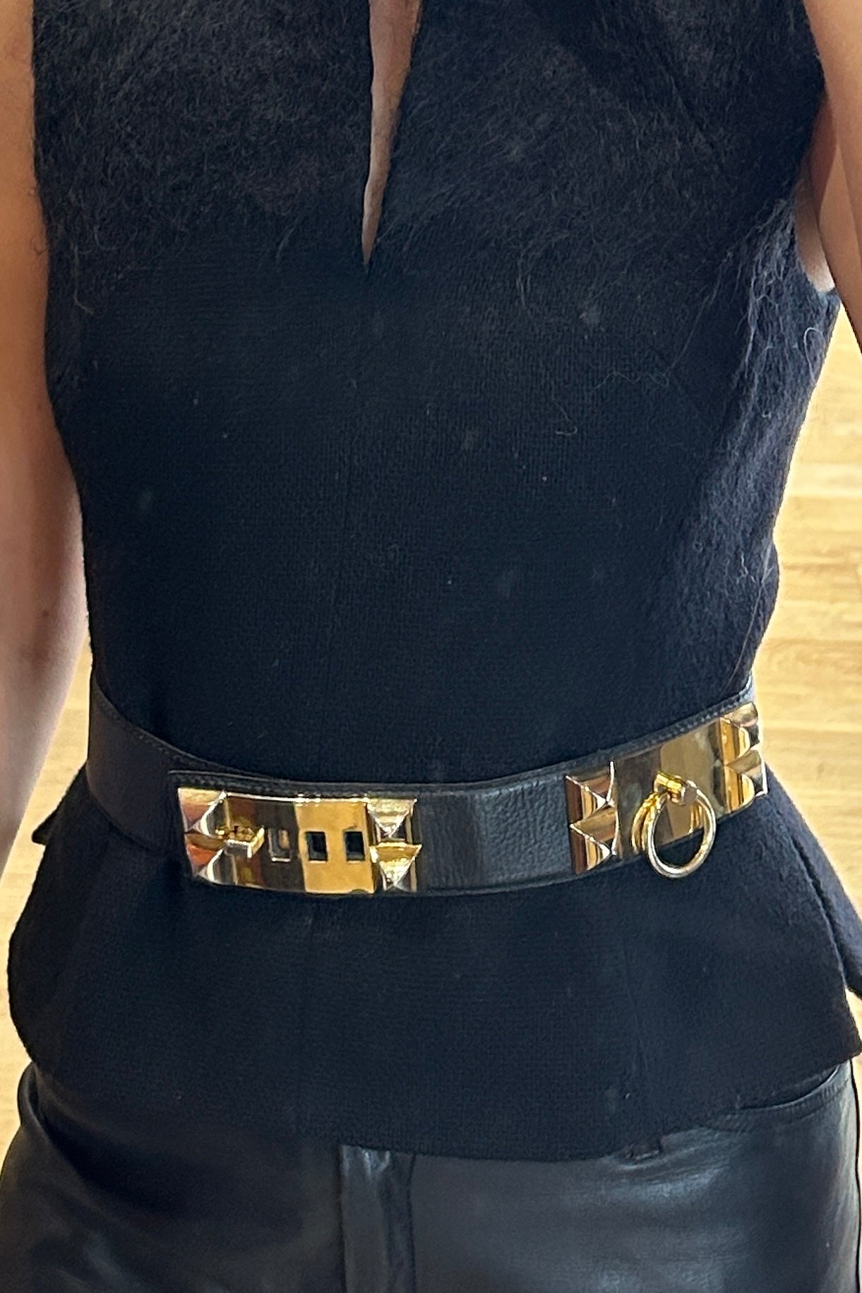 1980s Black Leather Belt with Gold-Tone Buckle - Hermès Style