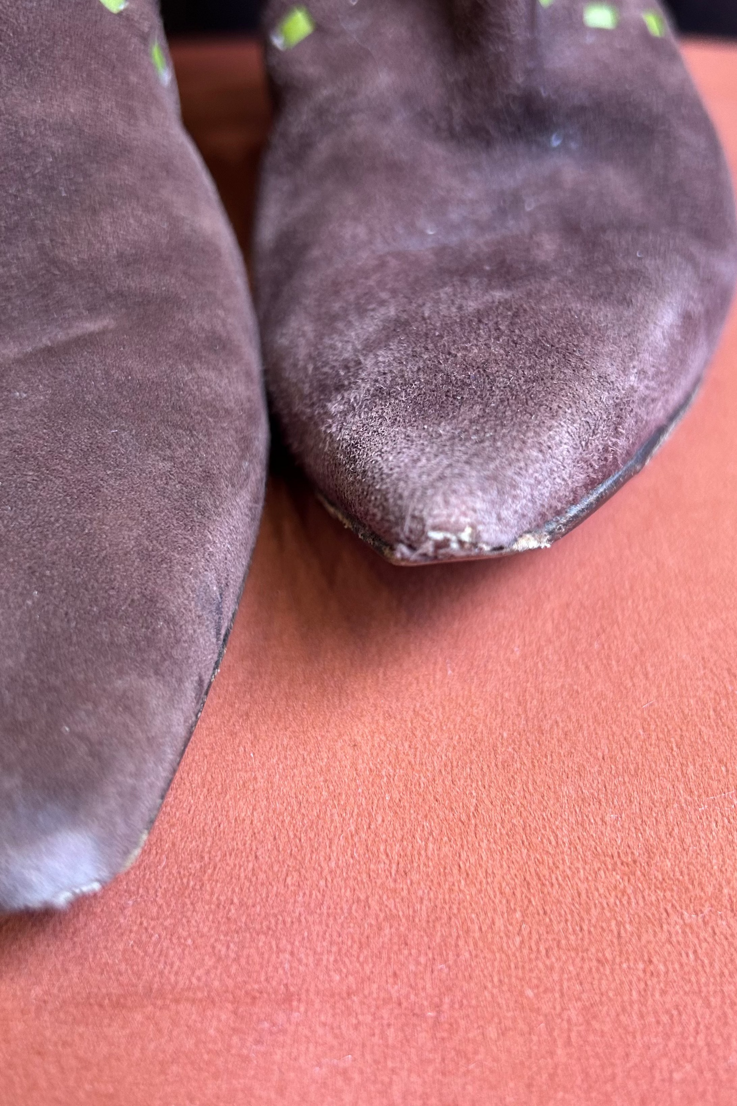 Jimmy Choo Brown Suede Long Boots with Green Accents