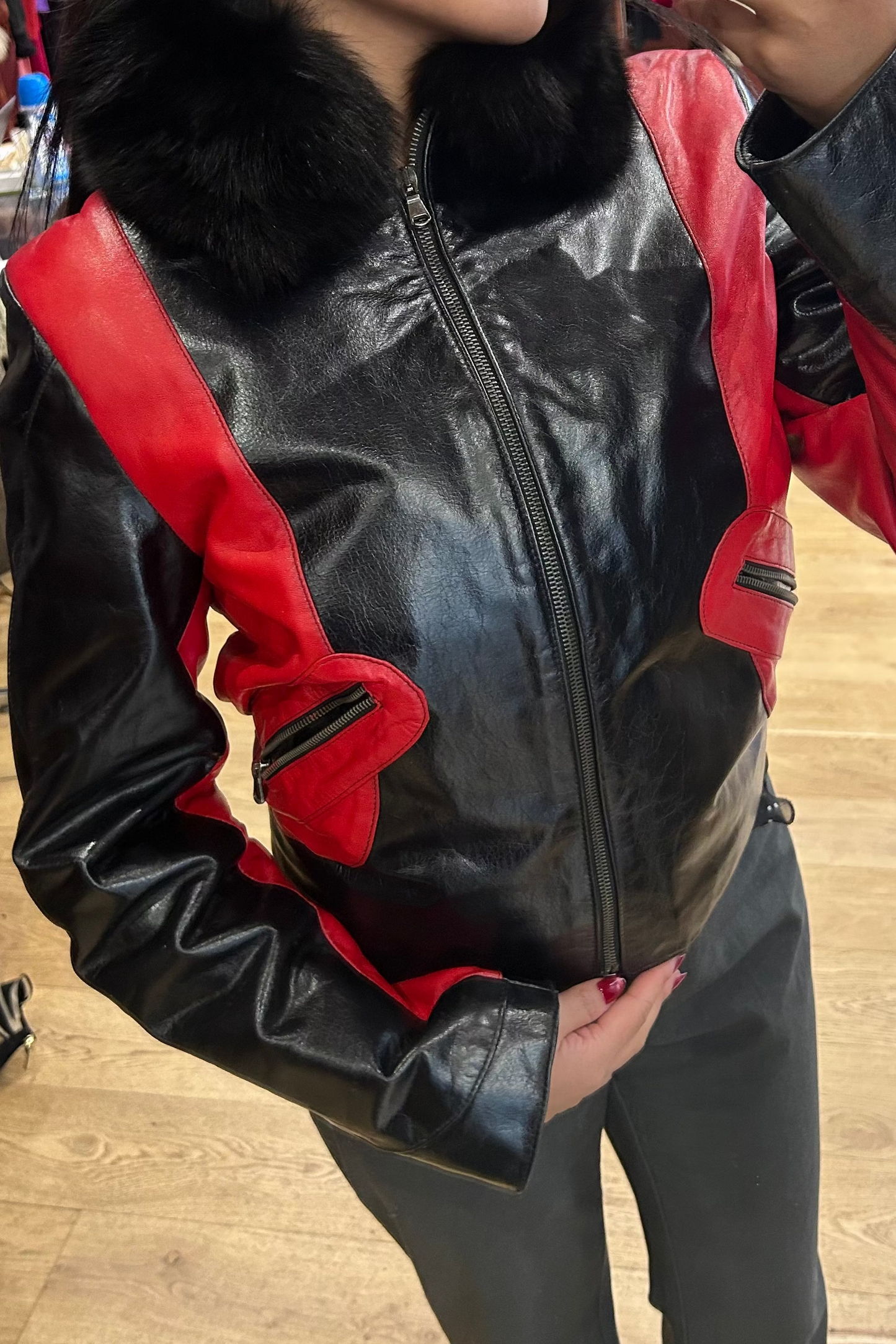 Vintage Italian Black and Red Leather Jacket with Fur Collar