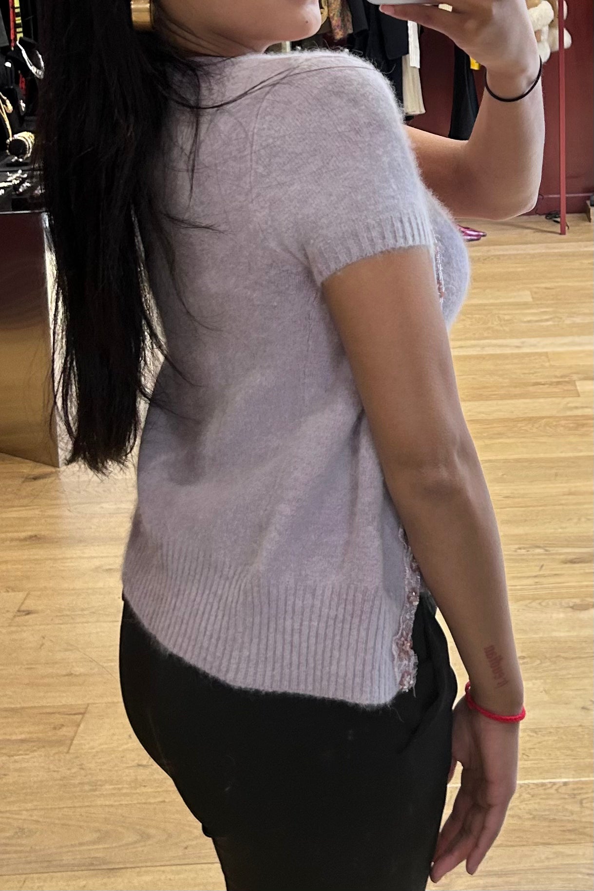 Vintage Mauve Angora Twinset with Floral Rhinestones