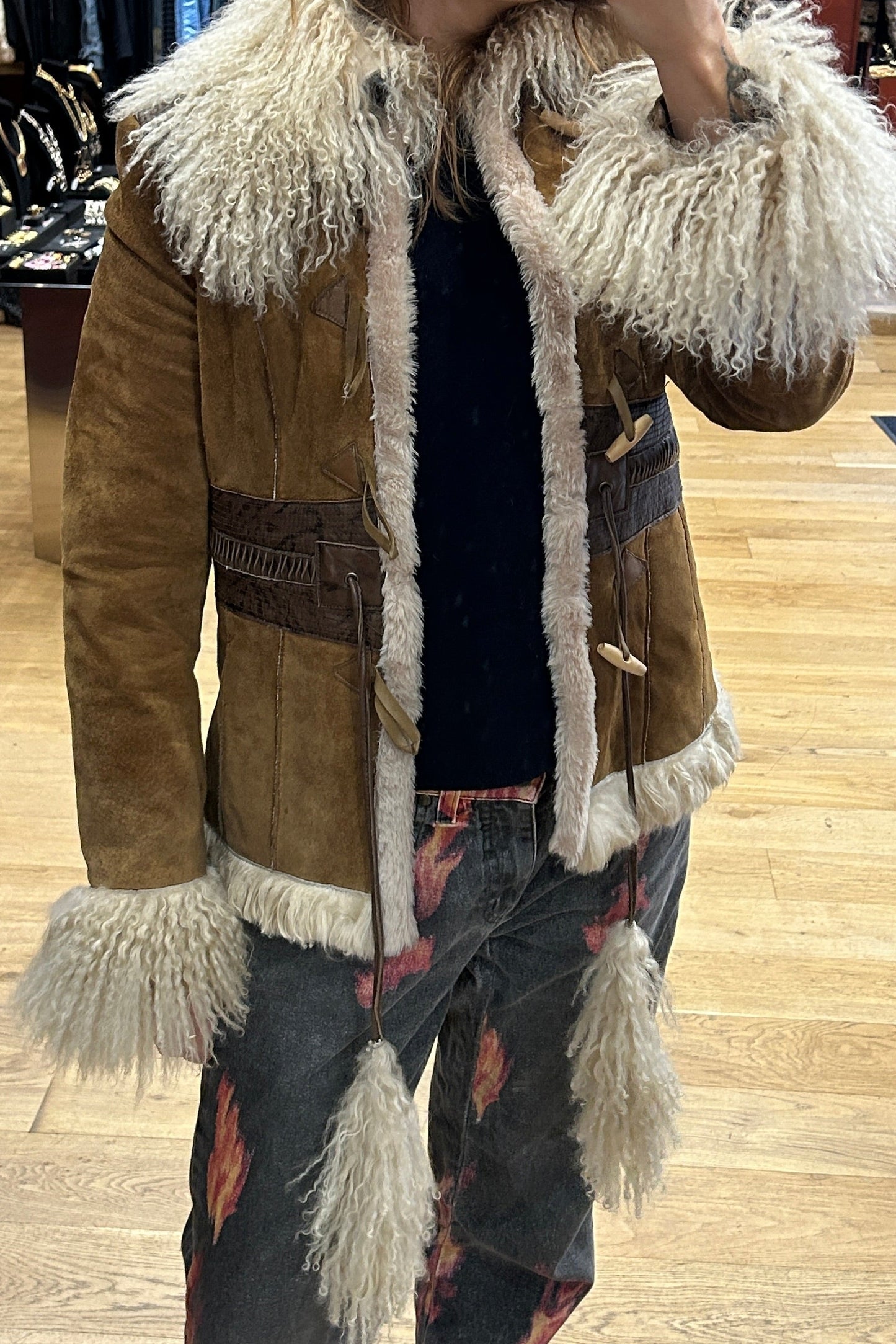 Vintage Afghan Brown Suede Mongolian Lamb Coat