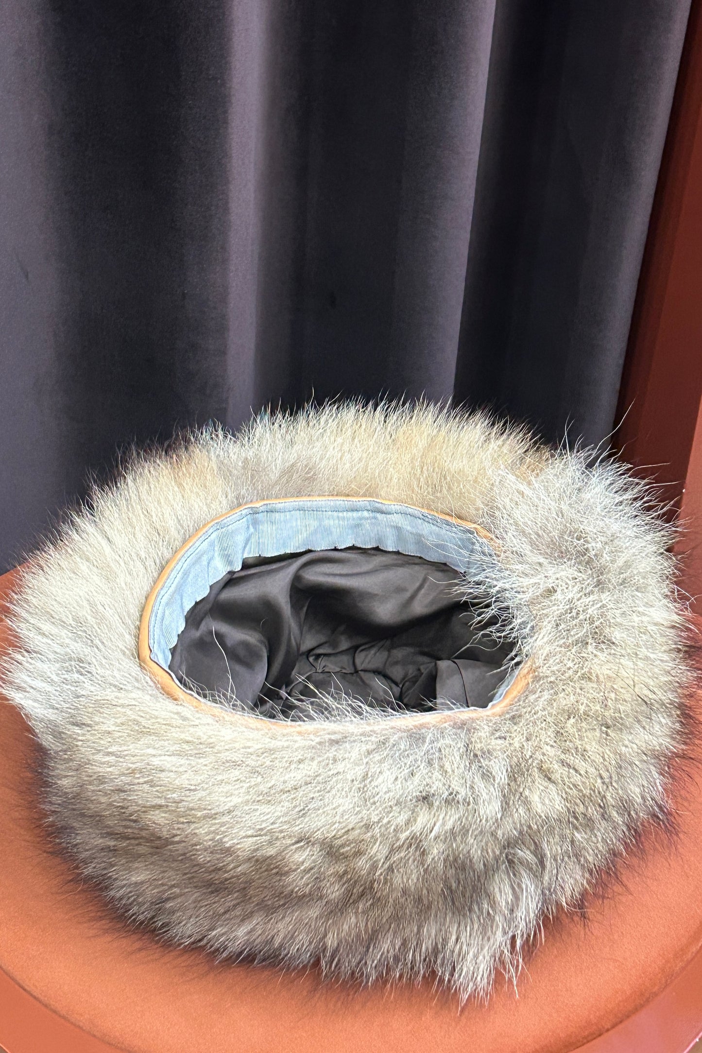 Vintage 1980s Brown Leather and Wolf Fur Hat