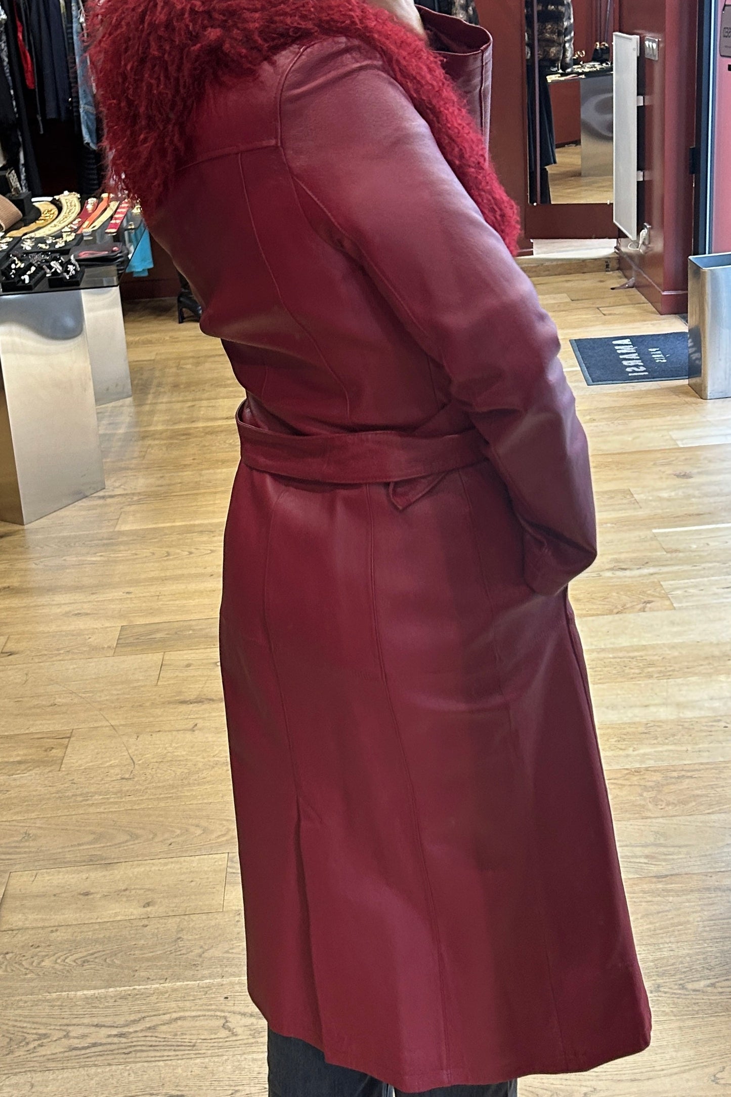 Vintage Red Leather Trench Coat with Mongolian Lamb Fur