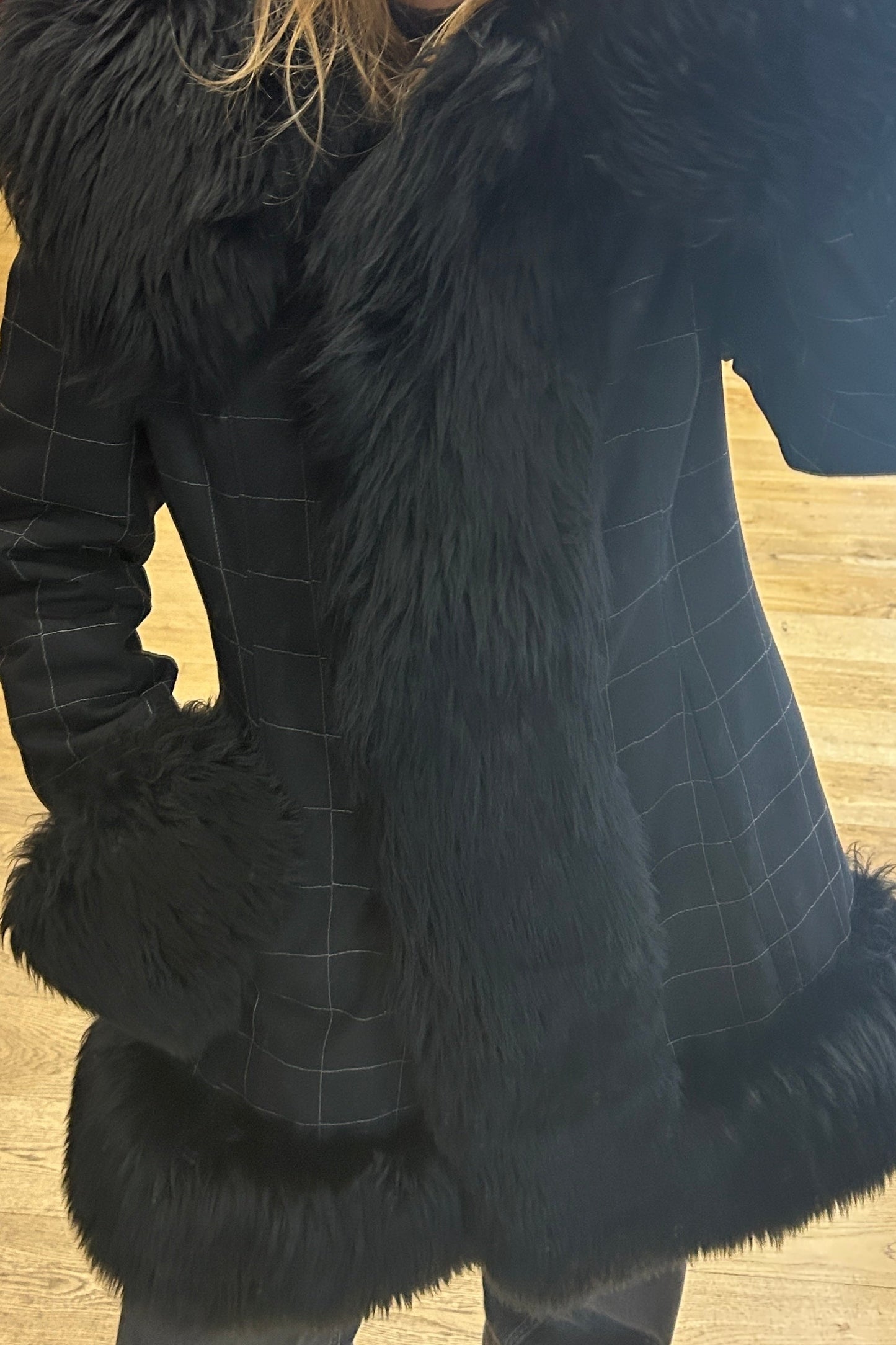 Vintage Black Faux Fur Afghan Coat in Wool and Cotton