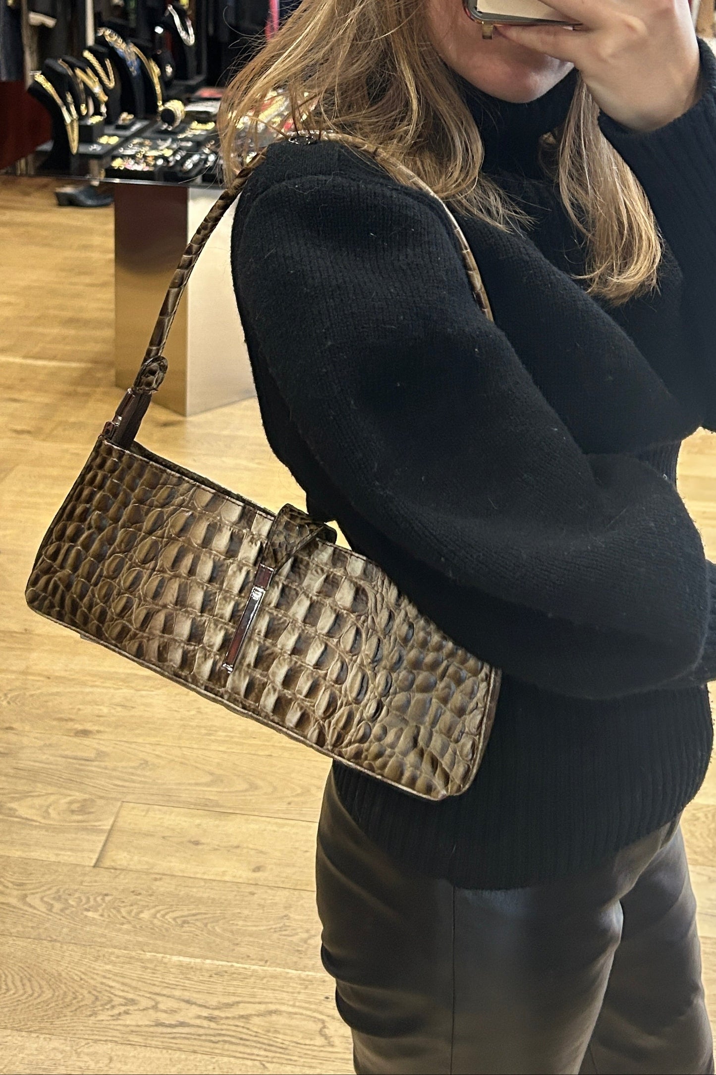 Vintage Croc-Embossed Leather Baguette Bag