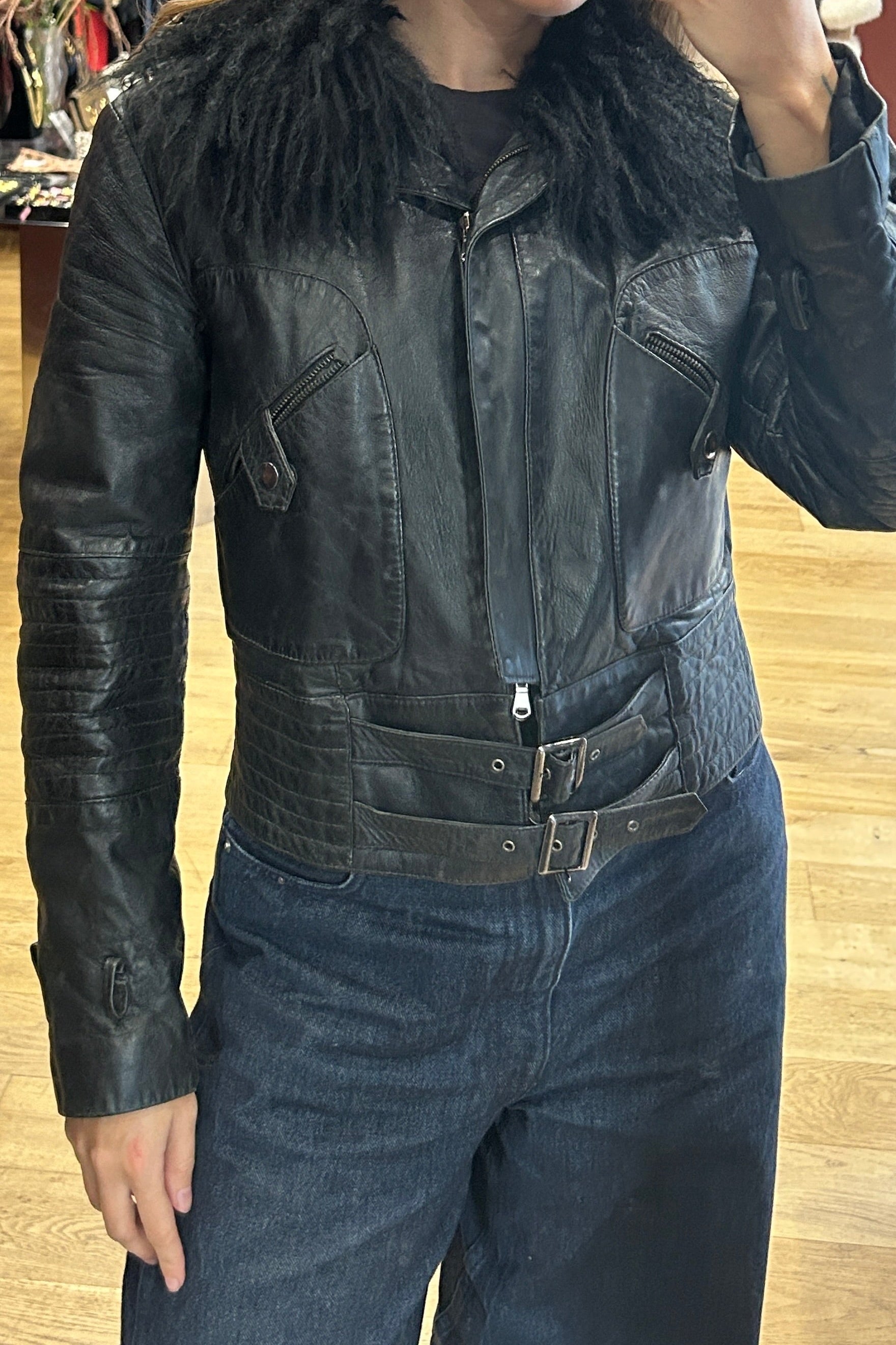 Vintage Black Leather Jacket with Mongolian Lamb Fur – Amarsi Paris