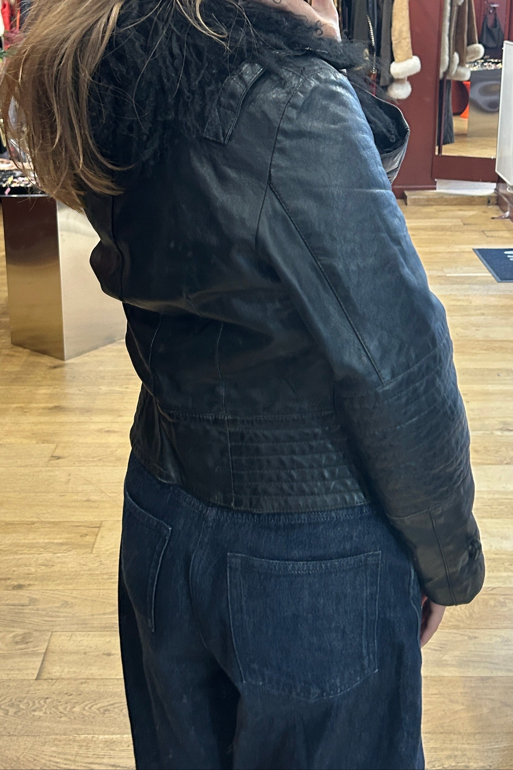 Vintage Black Leather Jacket with Mongolian Lamb Fur – Amarsi Paris