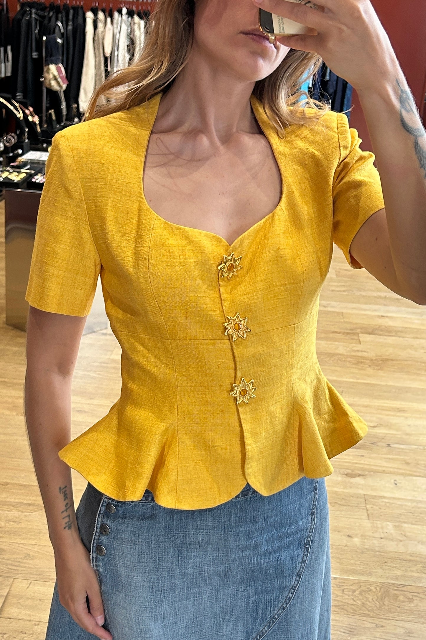 Vintage Nathalie Garçon Yellow Silk Peplum Top