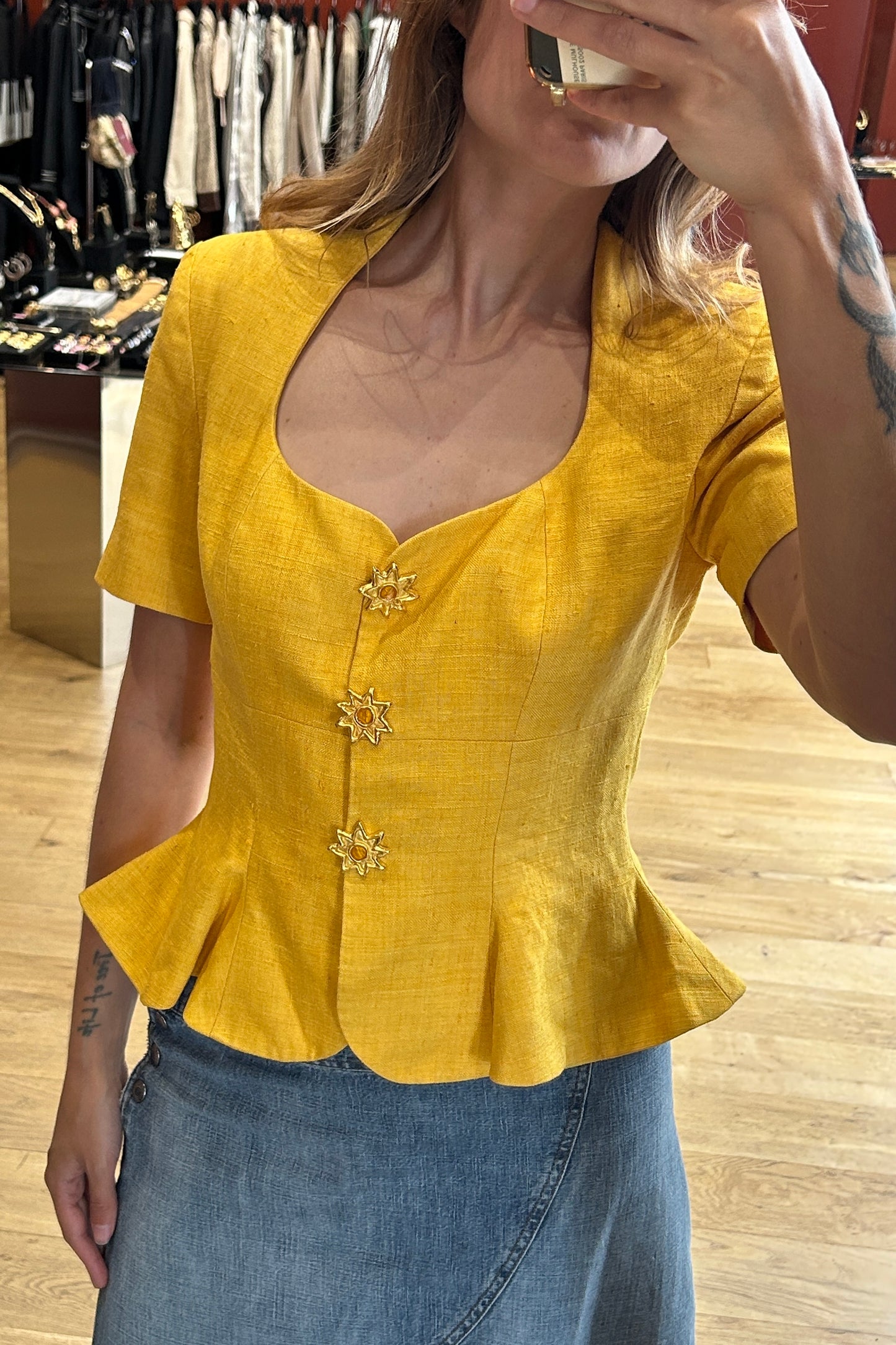 Vintage Nathalie Garçon Yellow Silk Peplum Top