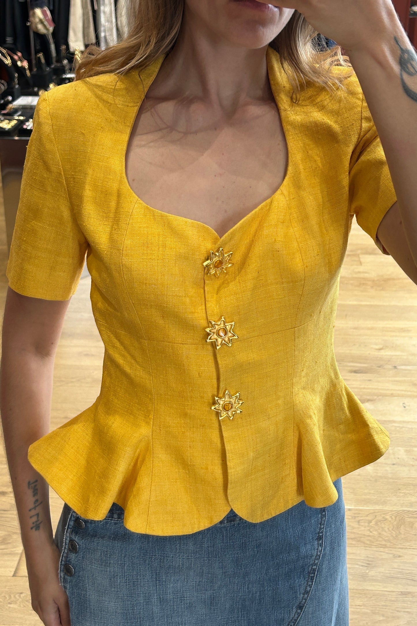 Vintage Nathalie Garçon Yellow Silk Peplum Top
