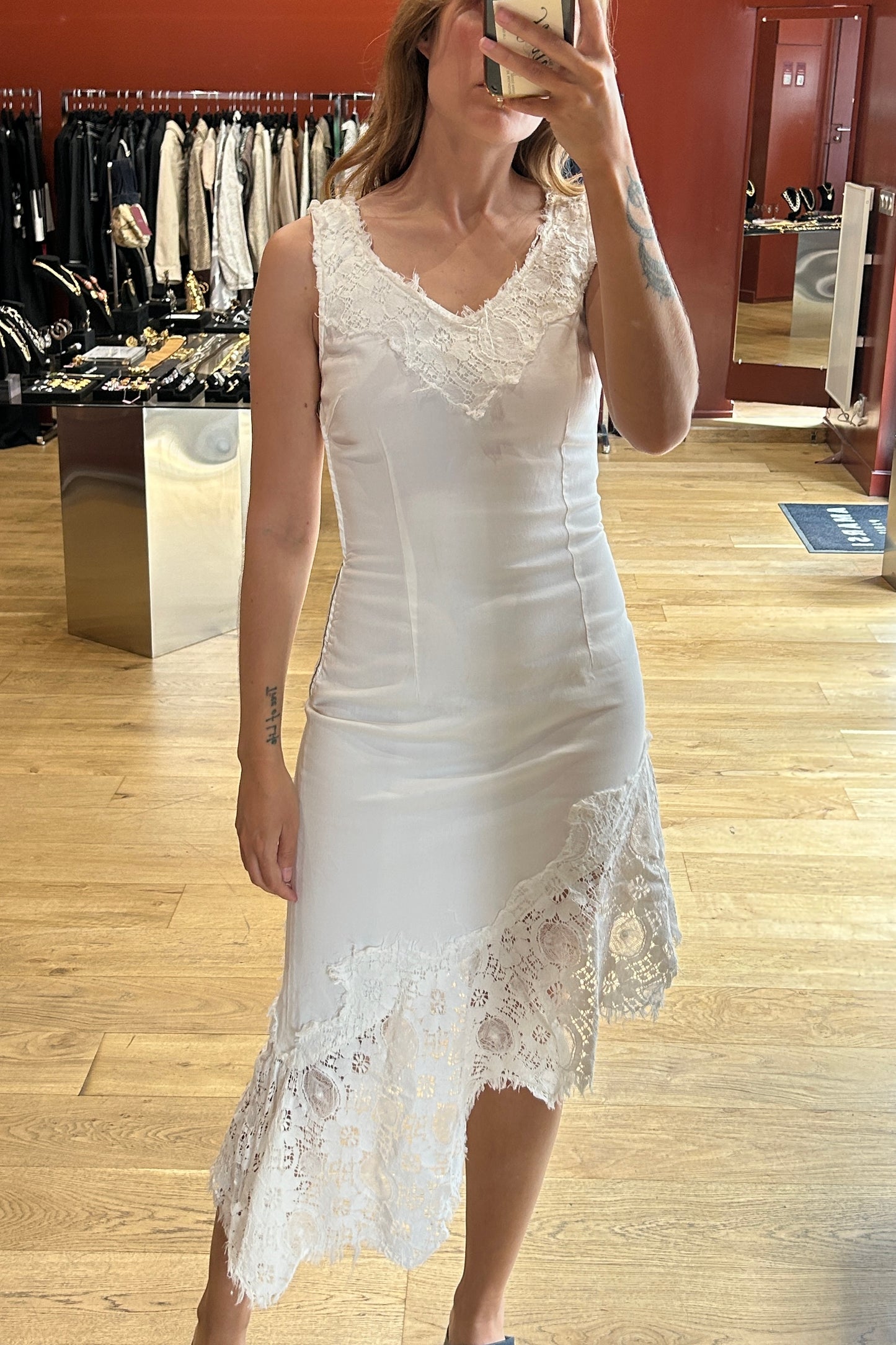 Moschino Jeans White Cotton Asymmetric Dress with Lace