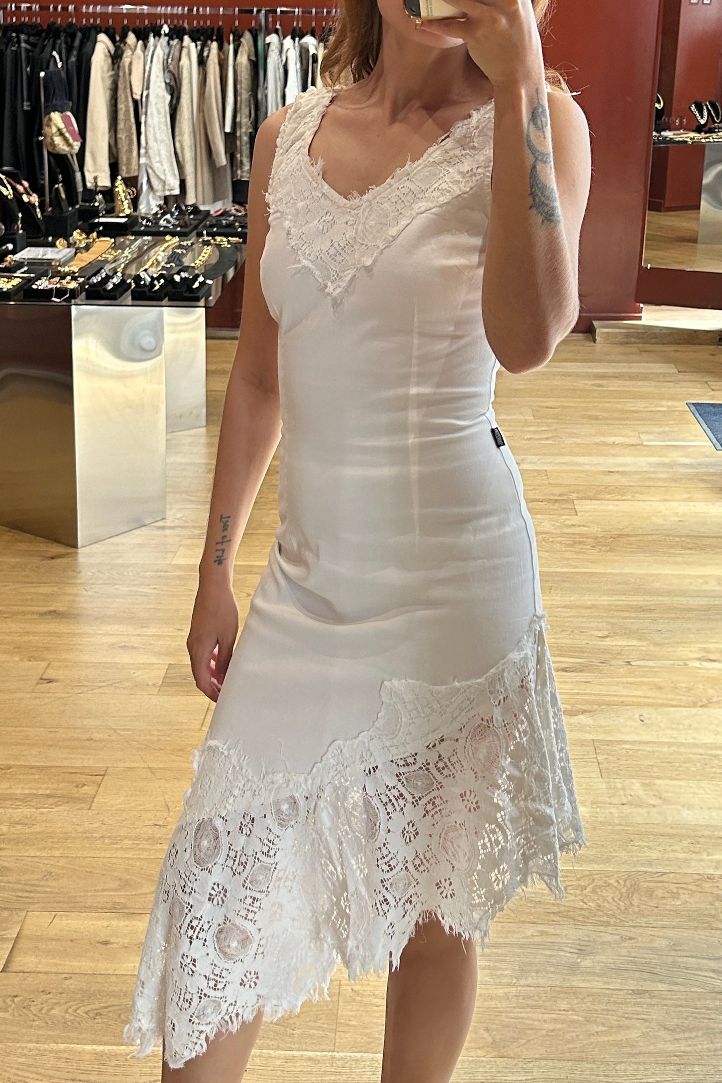 Moschino Jeans White Cotton Asymmetric Dress with Lace
