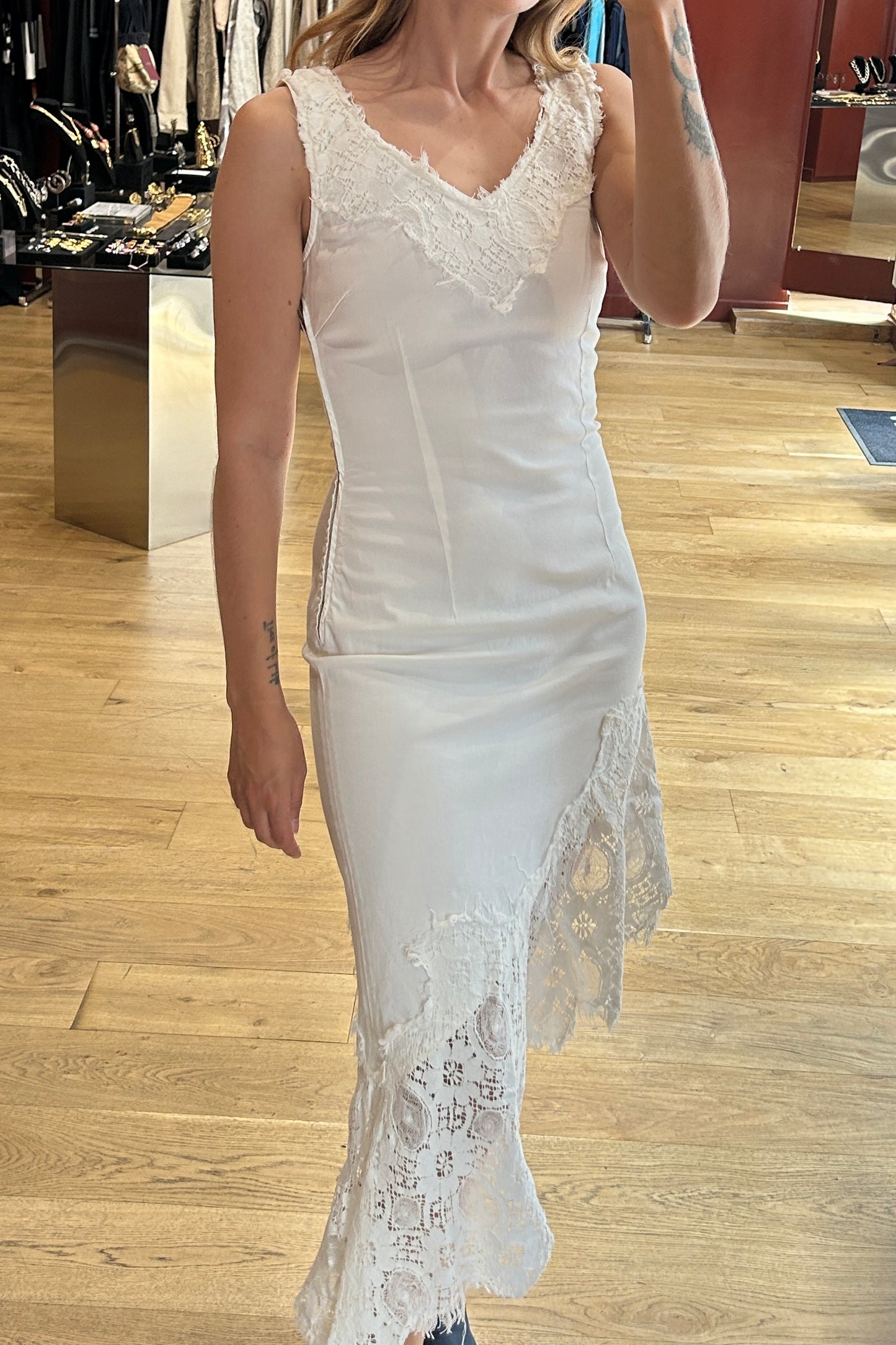 Moschino Jeans White Cotton Asymmetric Dress with Lace