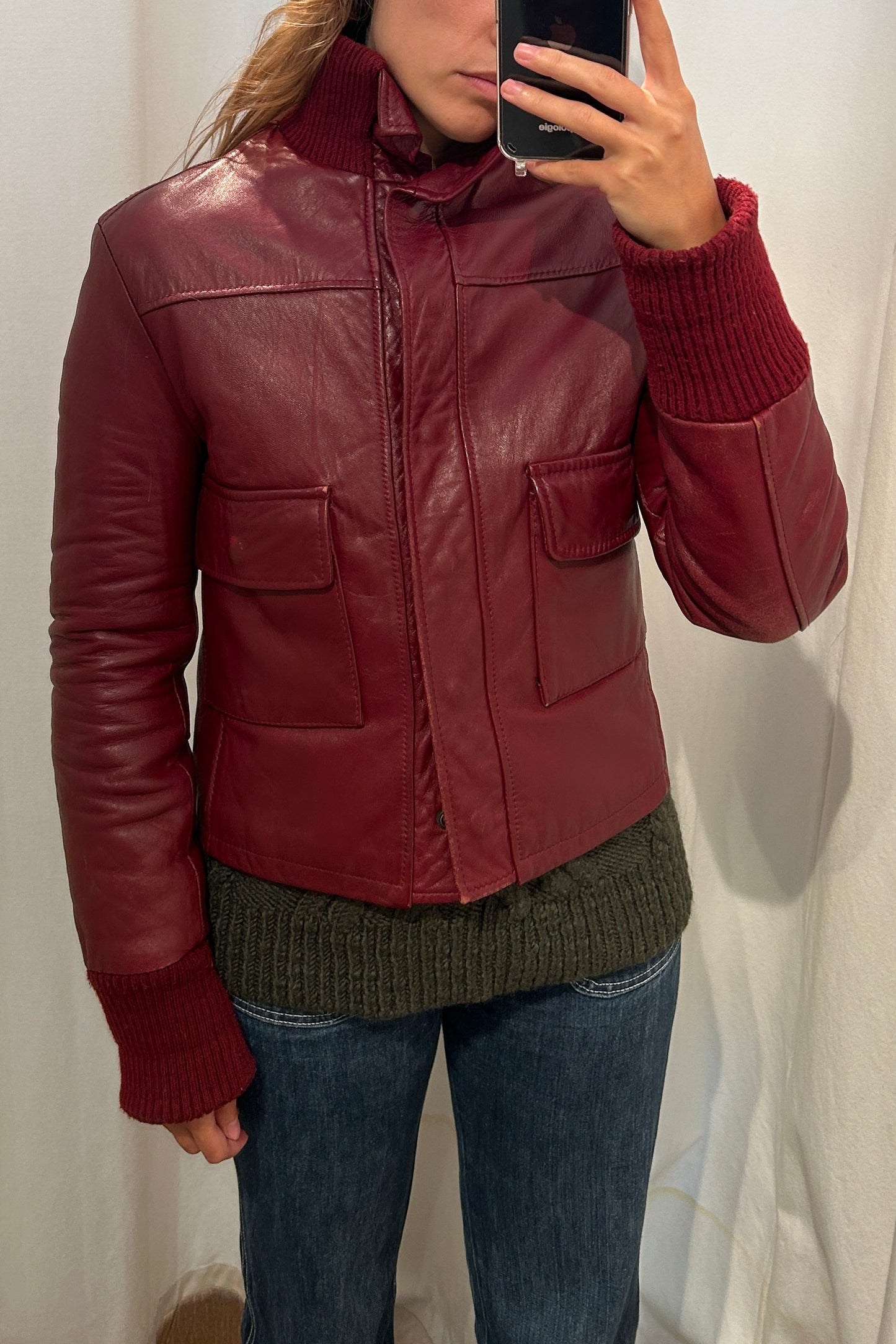 Veste en cuir bordeaux