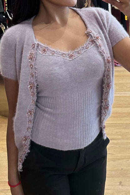 Vintage Mauve Angora Twinset with Floral Rhinestones