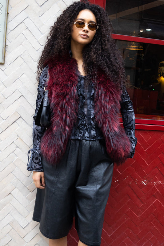 1990s Vintage Sleeveless Fur Vest – Burgundy Rabbit & Marmot