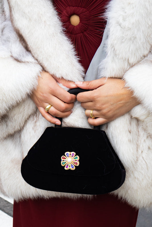 Vintage Black Velvet Evening Bag with Multicolor flower