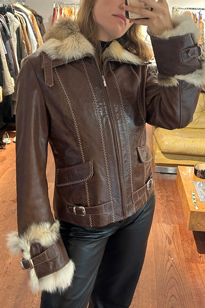Vintage Brown Leather Jacket with Rabbit Fur Trim
