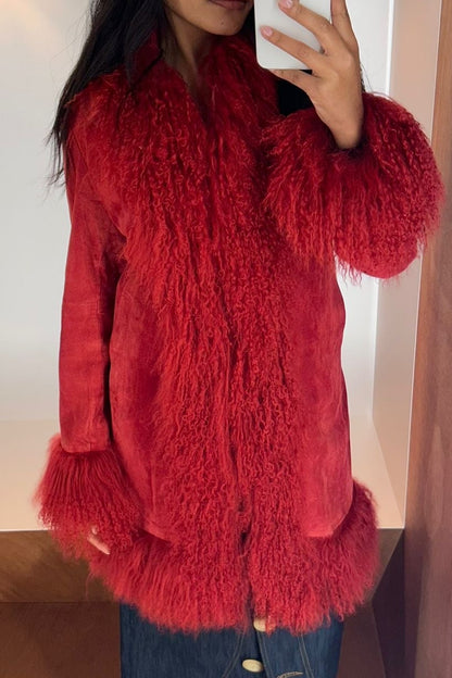 Red Suede Afghan Coat with Mongolian Lamb Fur Trim – Alain Manoukian 2000s