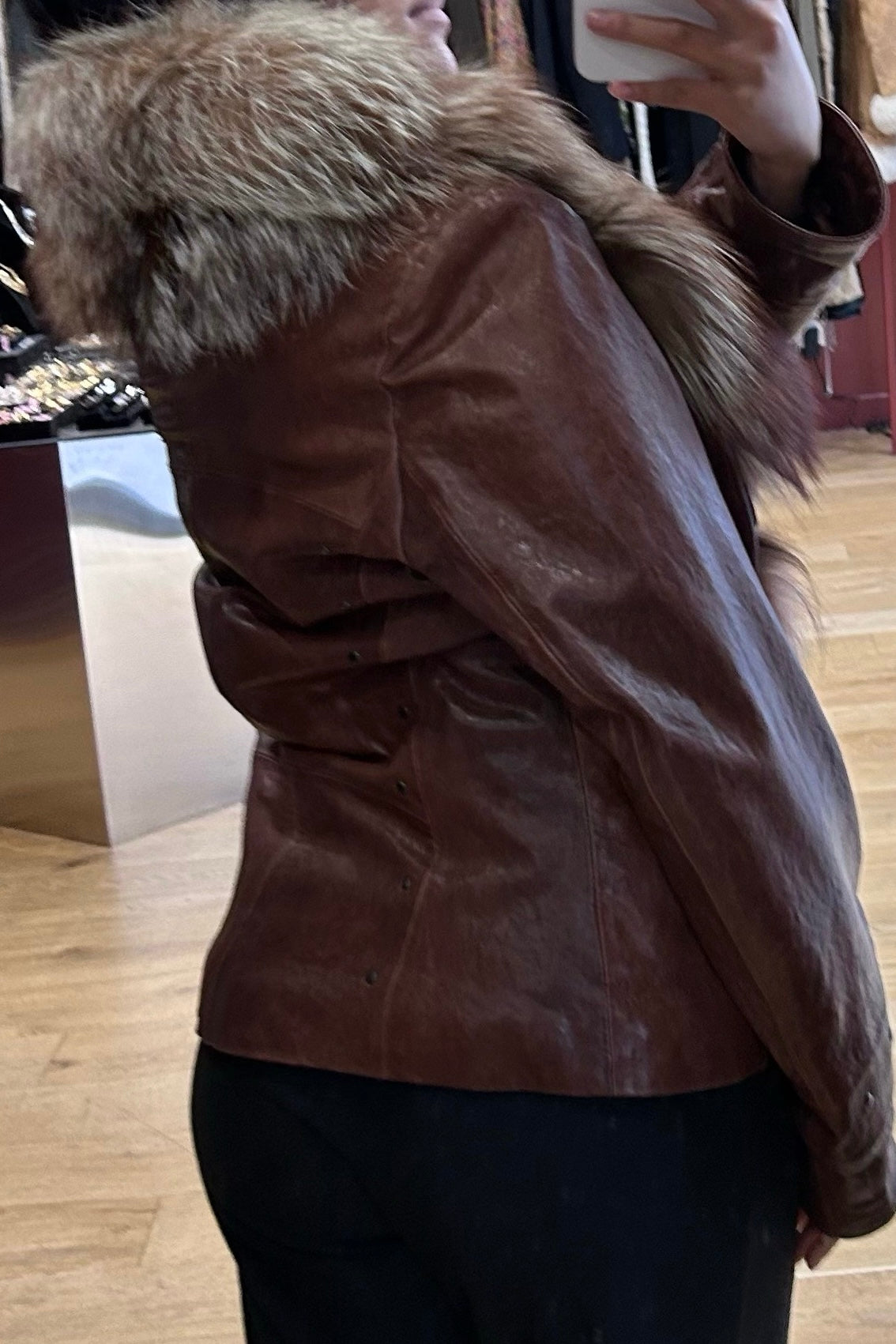 Vintage Brown Leather Coat with Rhinestones & Fox Fur