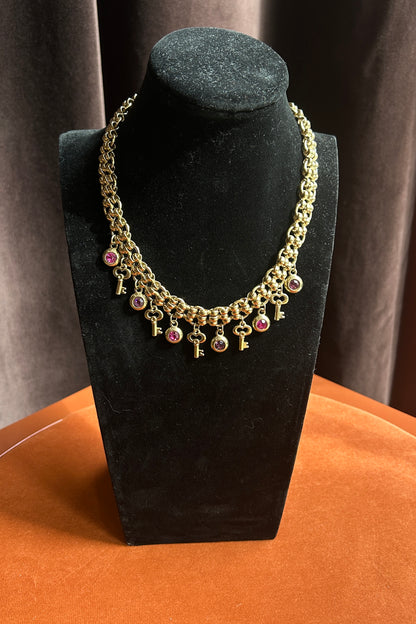 Sodini Gold-Tone Charm Necklace with Pink Stones