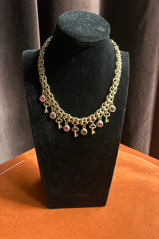 Sodini Gold-Tone Charm Necklace with Pink Stones