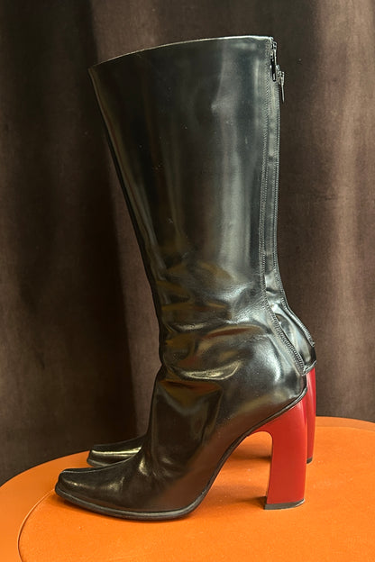 Vintage Italian Black Leather Mid-Calf Boots with Red Heels