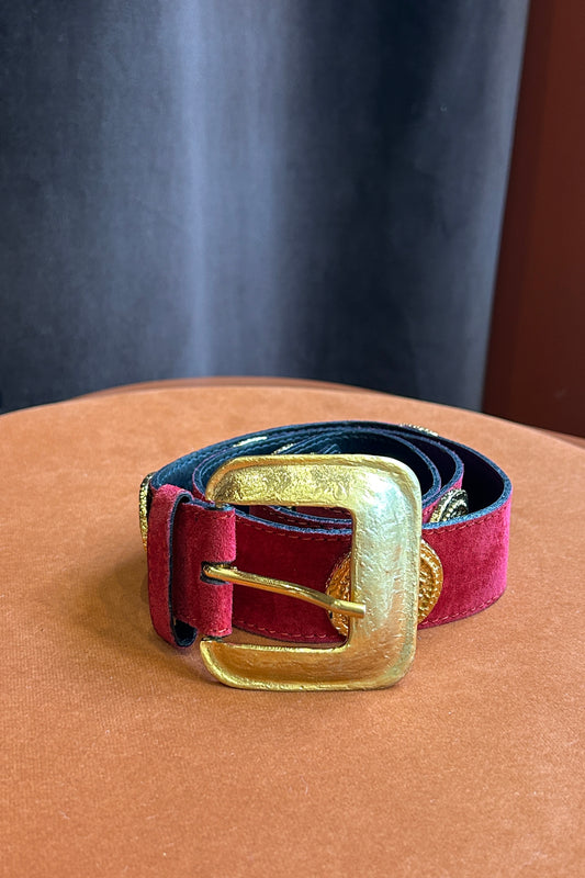 Yves Saint Laurent 1980s Red Suede Belt with Gold Disc Inlays