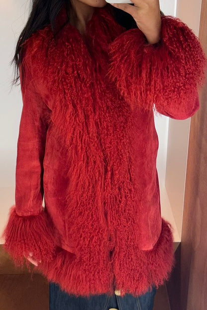 Red Suede Afghan Coat with Mongolian Lamb Fur Trim – Alain Manoukian 2000s