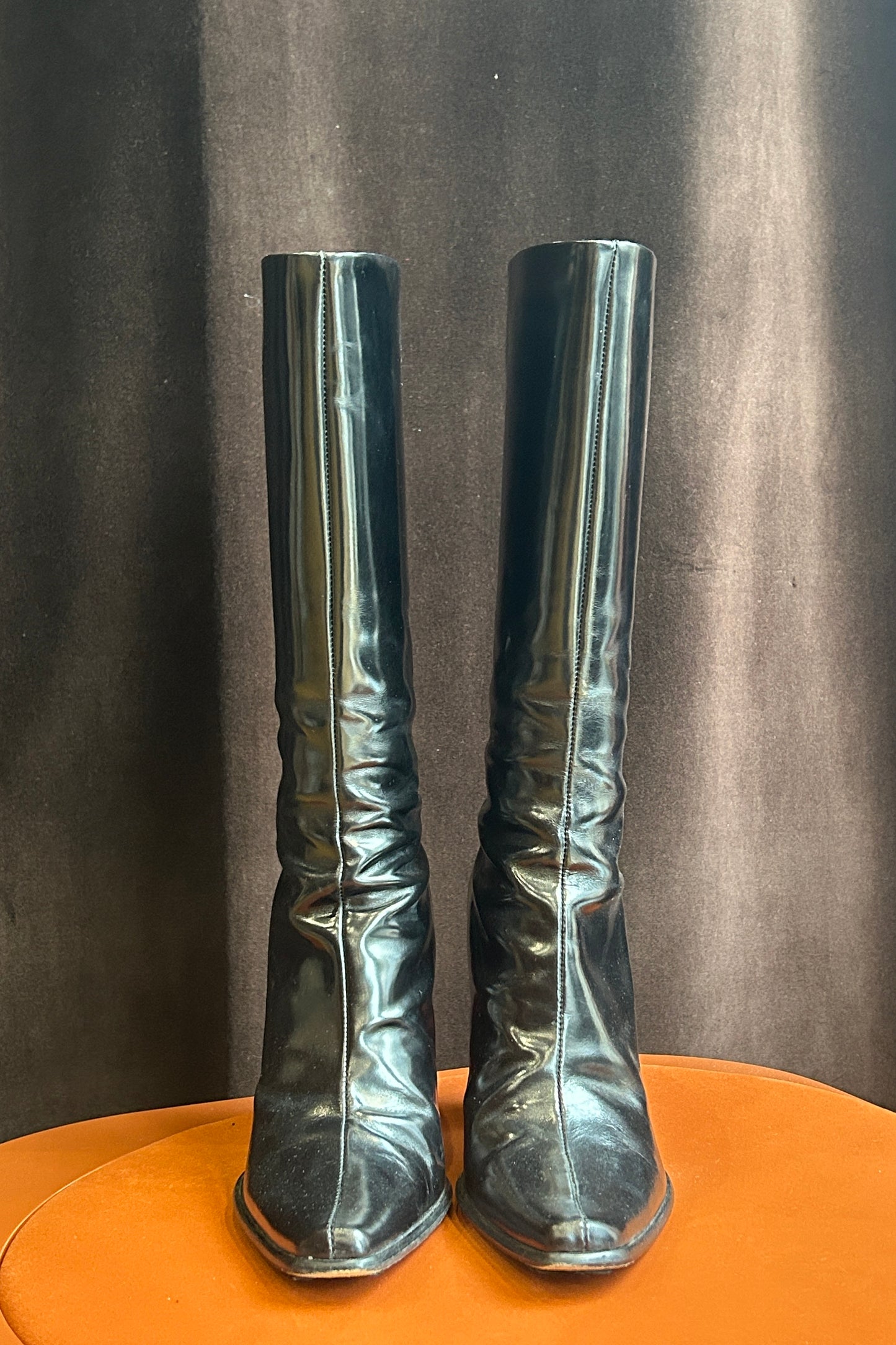 Vintage Italian Black Leather Mid-Calf Boots with Red Heels
