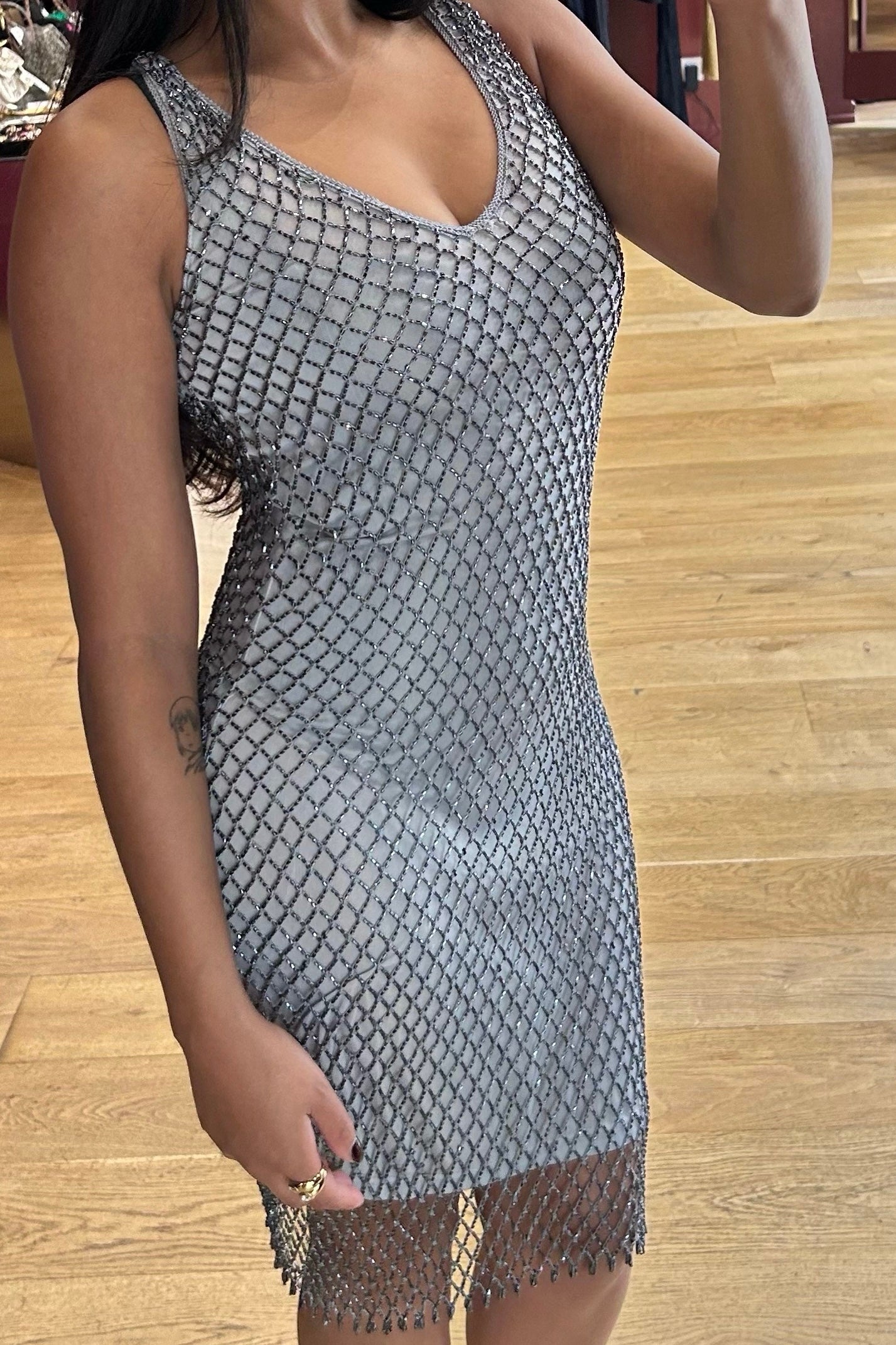 Vintage Grey Beaded Dress XS/S 1990s Amarsi Paris Vintage Grey Beaded Dress XS/S 1990s Amarsi Paris