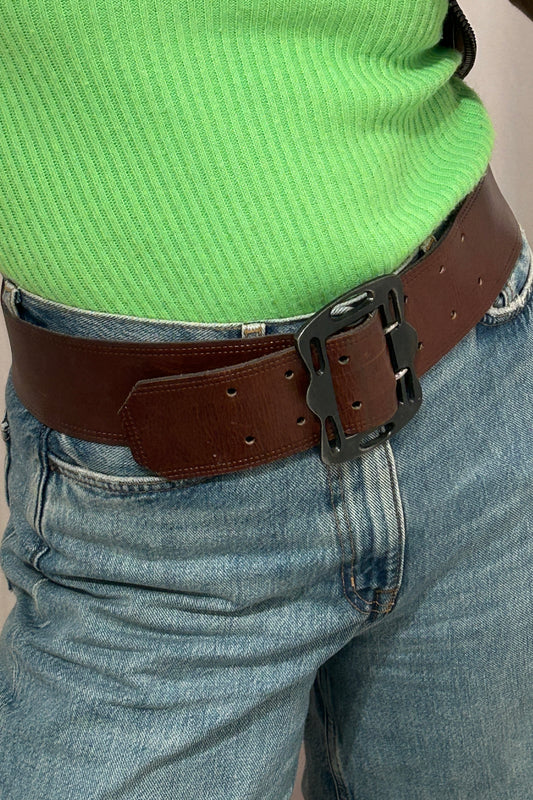 Leather belt with large buckle