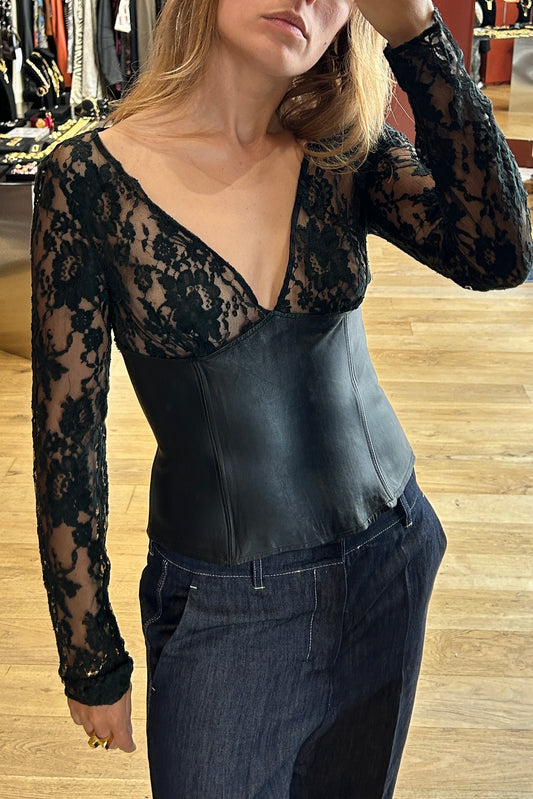 D&G Y2K Black Leather & Lace Corset Top