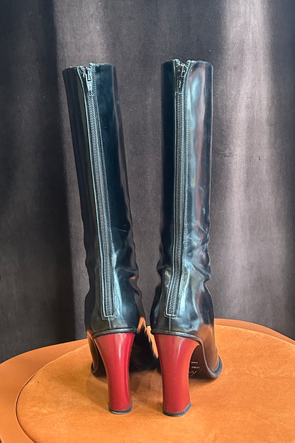 Vintage Italian Black Leather Mid-Calf Boots with Red Heels