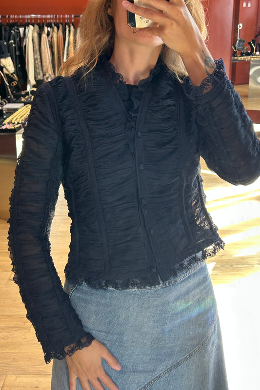 Renato Nucci Black Sheer Ruched Blouse-Cardigan