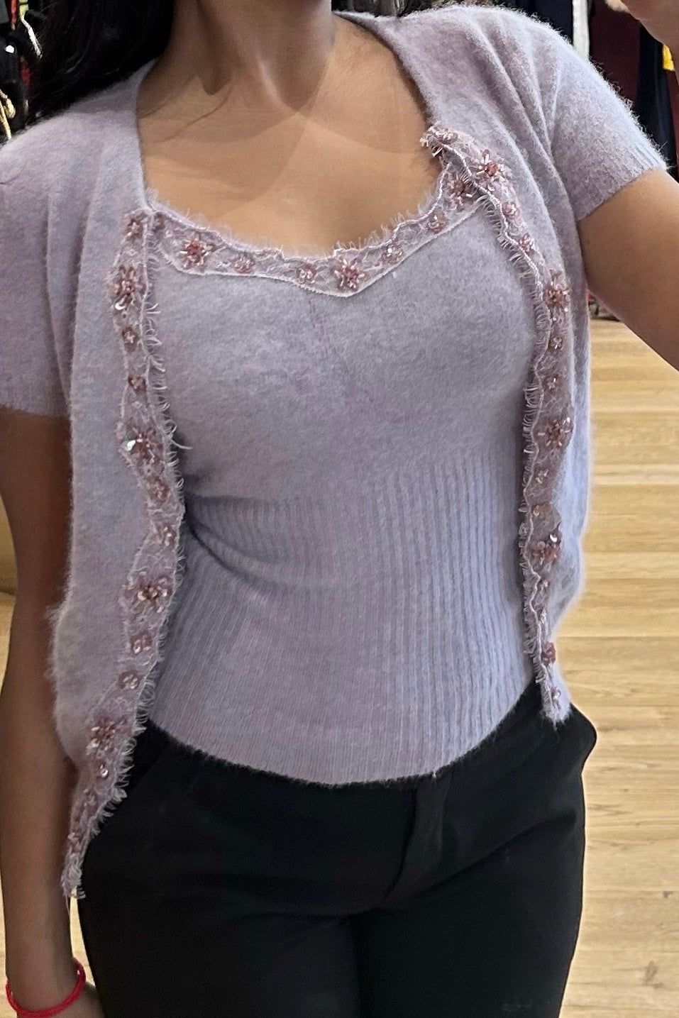 Vintage Mauve Angora Twinset with Floral Rhinestones