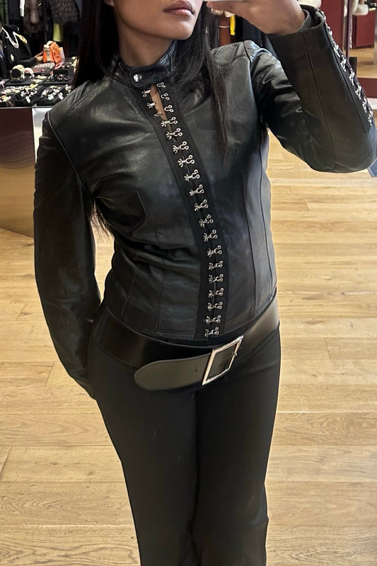 Vintage 2000s Black Fitted Leather Jacket with Hook Closures