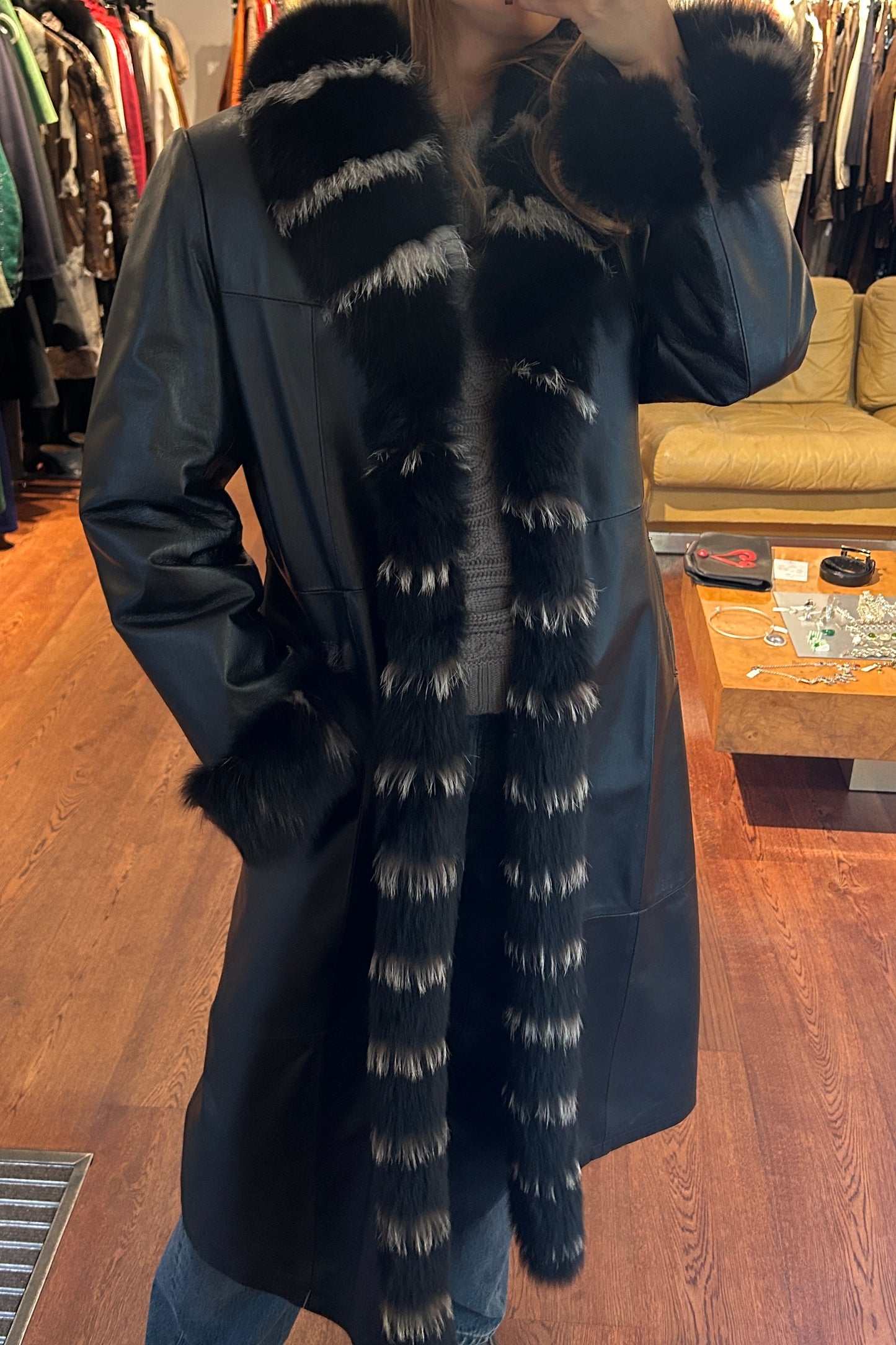 Vintage 1990s Long Black Leather Coat with Fox Fur Collar