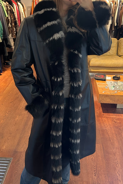 Vintage 1990s Long Black Leather Coat with Fox Fur Collar