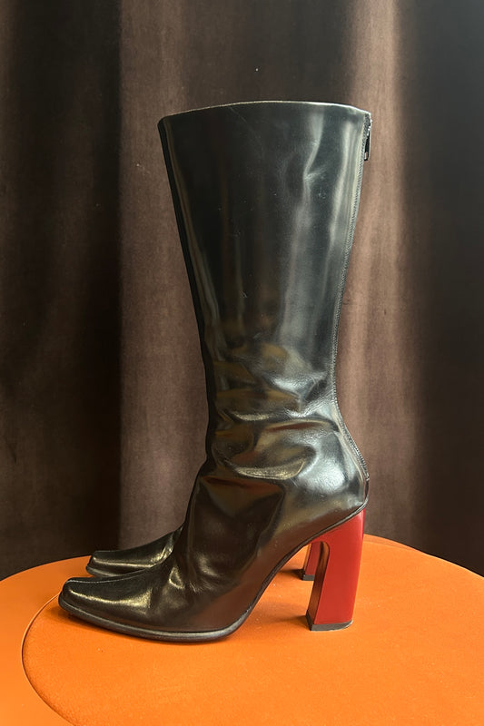 Vintage Italian Black Leather Mid-Calf Boots with Red Heels