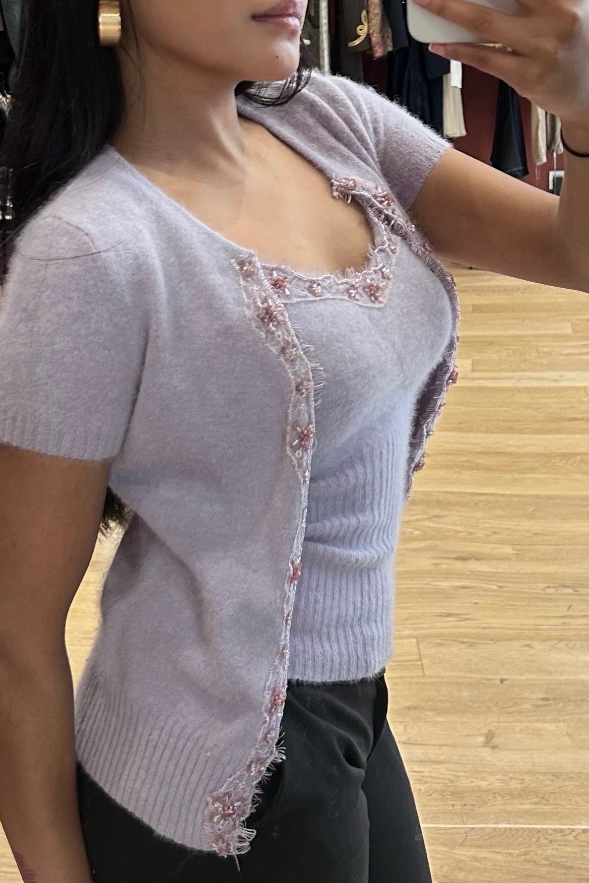 Vintage Mauve Angora Twinset with Floral Rhinestones