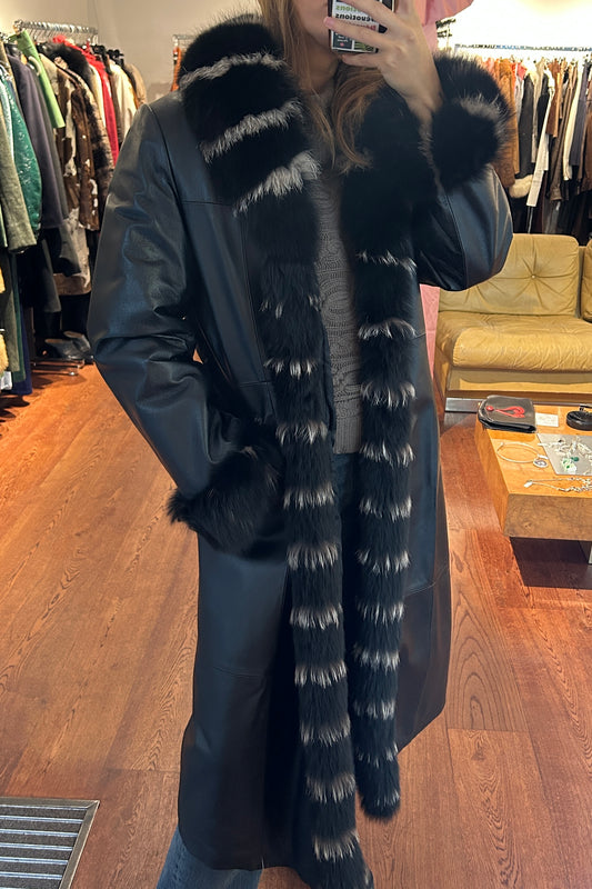 Vintage 1990s Long Black Leather Coat with Fox Fur Collar