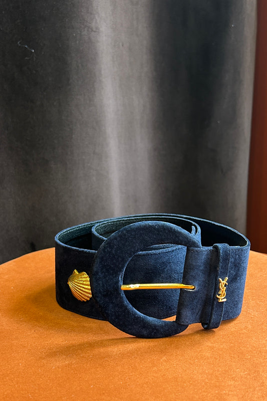 Vintage Yves Saint Laurent 1980s Blue Suede Belt with Gold Shell Buckle